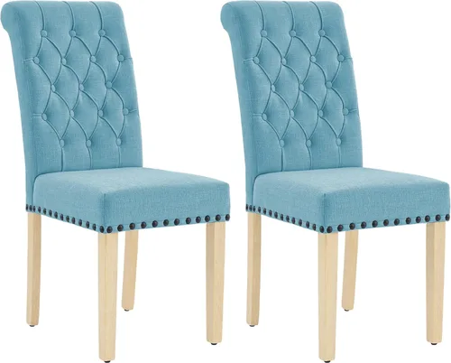 Miniatura 19 de adochr Juego de 2 sillas de comedor de tela de lino, silla de comedor tapizada con patas de madera, sillas Parsons sin brazos para Beige