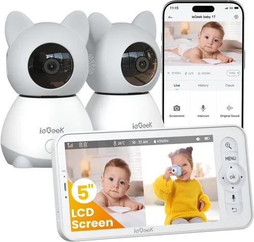 ieGeek Monitor de bebé con 2 cámaras, monitor de bebé de video con pantalla grande de 5 pulgadas y pantalla dividida | Monitor no WiFi de 2K HD con