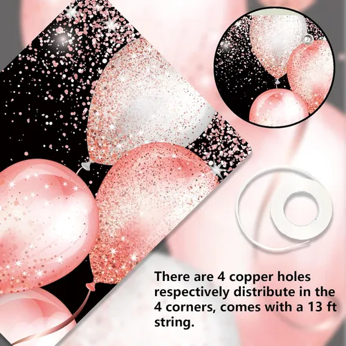 Miniatura 7 de Cartel de feliz cumpleaños 55 años en oro rosa, fondo de confeti, globos, tema de decoraciones para mujeres de 55 años, suministros de fiesta