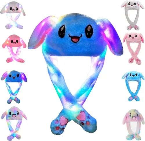 Sombrero de conejo con orejas que se mueven de umbresen, sombrero de conejo de peluche divertido para niños Led azul