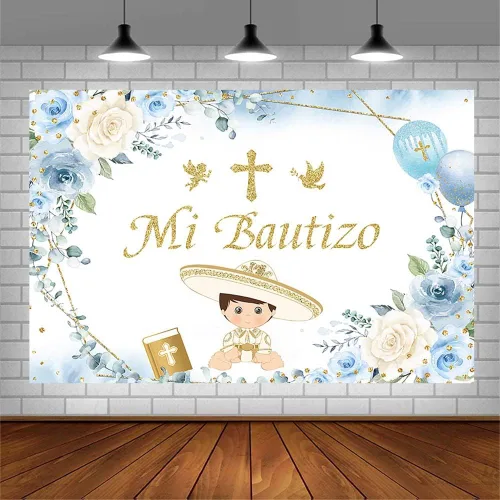 Miniatura 3 de AIBIIN Telón de fondo Mi Bautizo de 7 x 5 pies, suministros de decoración de fiesta de bautizo, globo floral azul, cruz dorada, ángel de fotografía
