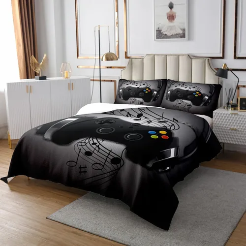 Miniatura 3 de Juego de ropa de cama de videojuegos con auriculares negros y grises con diseño de notas musicales con control de videojuegos para niños y niños