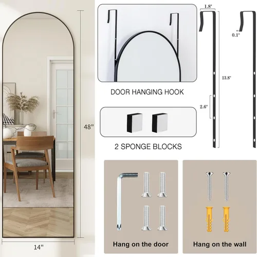 Miniatura 6 de Espejo de puerta, espejo arqueado de cuerpo completo sobre la puerta, 14 x 48 pulgadas, espejos colgantes o de pared, espejos de cuerpo completo