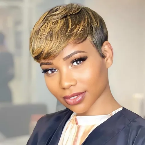 Miniatura 27 de Peluca de cabello humano con corte Pixie para mujeres negras, 100% cabello humano real, peluca corta y recta sin pegamento con flequillo, hecha a