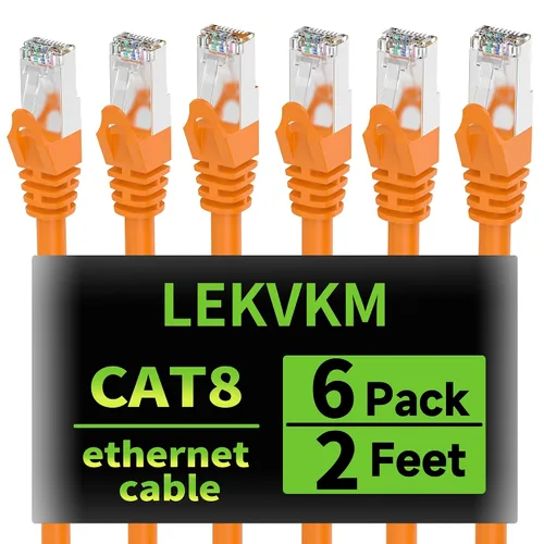 Miniatura 10 de Cable Ethernet Cat8 de 0.5 pies, paquete de 6 cables de red LAN blindados S/FTP, 40 Gbps 2000 MHz de alta velocidad, ideal para salas de servidores