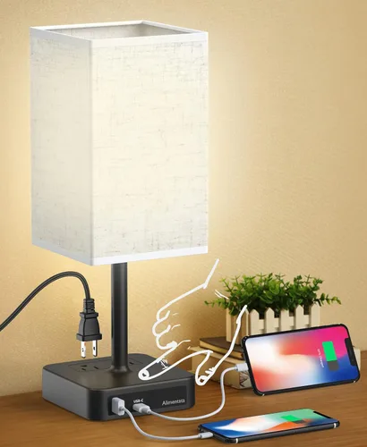 Miniatura 9 de Lámpara de mesa de noche con control táctil y puertos de carga USB C+A, lámpara de escritorio LED con 2 salidas de CA, luz minimalista para mesita