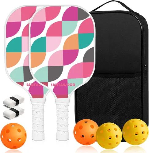 Miniatura 9 de Juego de 2 palas de pickleball de fibra de vidrio, 2 raquetas de pickleball, 4 bolas, 2 agarres y 1 bolsa de transporte portátil, paquete de 2 Rosado