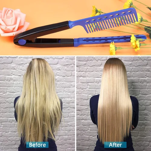 Miniatura 4 de Peine alisador plano de 2 piezas de cepillo de pelo de salón Peine de peluquería enderezadora en forma de V recta (rojo rosa, azul)