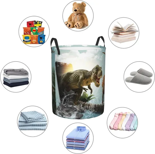 Miniatura 6 de Cesta de lavandería de dinosaurio 3D con asa duradera, impermeable, plegable, cesta de almacenamiento de ropa sucia circular para baño, dormitorio