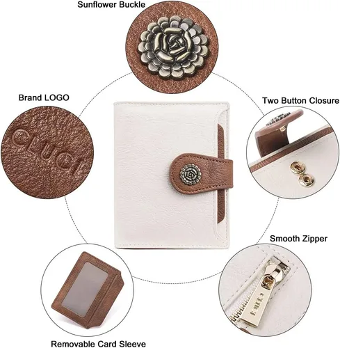 Miniatura 5 de CLUCI - Carteras pequeñas para mujer, color beige con marrón Bloqueo RFID, cuero, compacto triple, tarjetero con ventana de identificación
