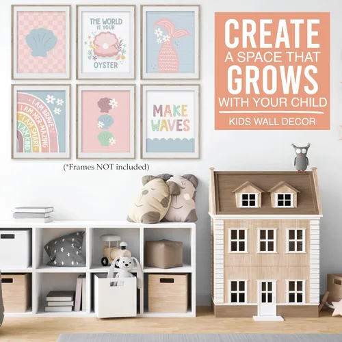 Miniatura 4 de Hadley Designs 6 decoraciones de sirena para habitación de niñas, arte de pared de sirena para dormitorio y baño, impresiones sin marco bajo el mar