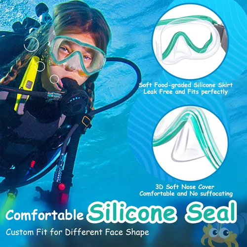 Miniatura 8 de Vvinca Kids-Goggles with Nose Cover, Diving Mask Elastic Fabric Strap Anti Fog Anti Shattered Lens for Kids Swim Goggles 3-14 02-verde y azul marino