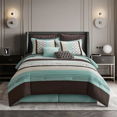 Miniatura 2 de Grand Avenue Juego de edredón tamaño Queen color marrón aguamarina, ropa de cama jacquard de 8 piezas con sábanas, ropa de cama bordada ultrasuave
