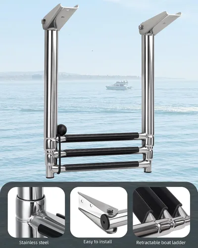Miniatura 8 de Escalera telescópica para barco de 3 escalones, acero inoxidable 316 de grado marino, capacidad de 900 libras, peldaños antideslizantes y pasamanos