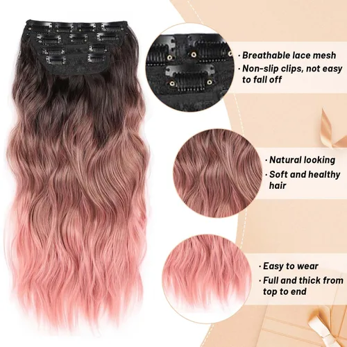 Miniatura 4 de 4 piezas de extensiones de cabello rizado con clip, color dorado oscuro, mezcla de rubio beige, sintético de 20 pulgadas de largo, extensiones