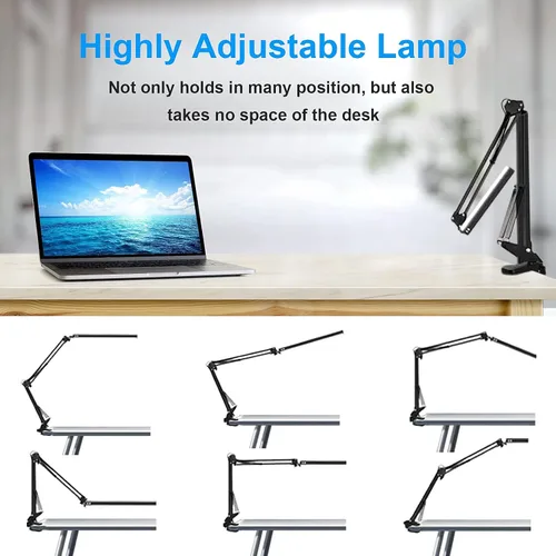 Miniatura 3 de Lámpara de escritorio LED para el hogar, oficina, lectura, luz de escritorio ajustable con abrazadera, lámpara de brazo oscilante incluye 3 modos