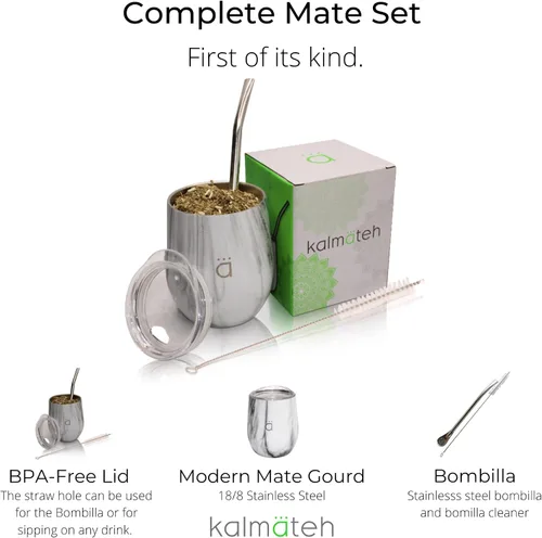Miniatura 8 de Kalmateh Yerba Mate Gourd - Vaso mate de acero inoxidable de doble pared con tapa sin BPA, popote de filtro Bombilla y cepillo de limpieza, perfecto