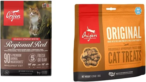 ORIJEN Alimento seco para gatos, sin granos, premium, alto en proteínas, ingredientes animales frescos y crudos, rojo regional, golosinas