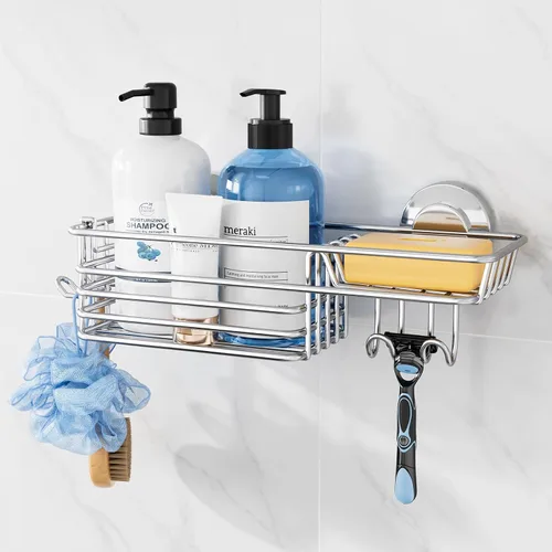 Miniatura 15 de TAILI Organizador de ducha de esquina con ventosas, organizador de pared montado, estante de plástico para baños pequeños, cocina, cesta de estante