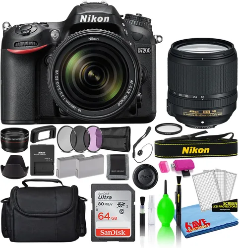 Nikon D7200 - Cámara digital DSLR de 24.2 MP con lente VR de 0.709-5.512 in (1555) Paquete Deluxe con tarjeta SD de 64 GB + bolsa grande para cámara