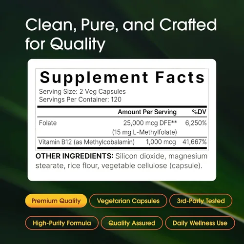 Miniatura 3 de NatureBell L Metilfolato 15 mg (5-MTHF) con metil B12 1000mcg, 180 cápsulas vegetarianas Acción dual de alta potencia para apoyo energético