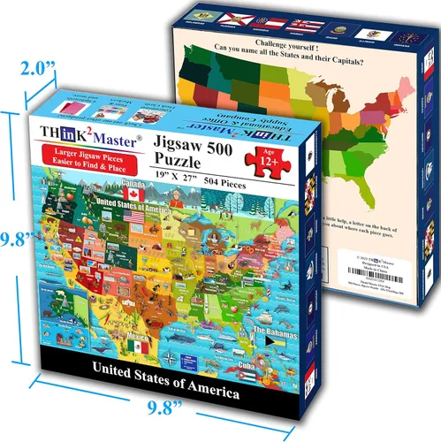 Miniatura 5 de Think2Master Colorido mapa de Estados Unidos 500 piezas con piezas grandes rompecabezas para mayores de 13 años, adolescentes, adultos y familias.