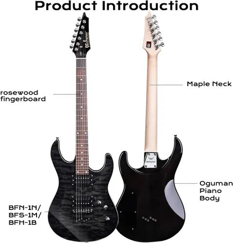 Miniatura 4 de Bullfighter - Kit de guitarra eléctrica de tamaño completo de 39 pulgadas, 6 cuerdas extra, púas, estuche, correa para hombro, cable (D170) (negro)