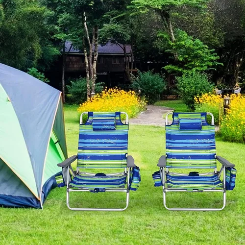 Miniatura 9 de Goplus Silla de playa, mochila plegable para adultos, sillas de playa con posiciones ajustables, almohada para la cabeza, bolsa refrigeradora