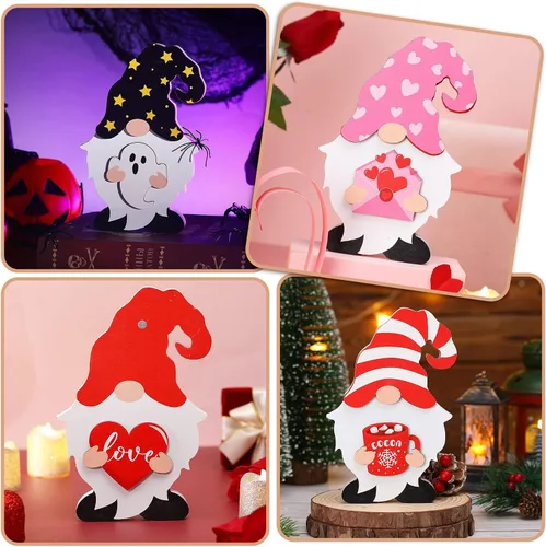 Miniatura 6 de Qunclay 33 piezas intercambiables de gnomo de madera para decoración de verano del 4 de julio, decoración patriótica de gnomo con imán y sombreros