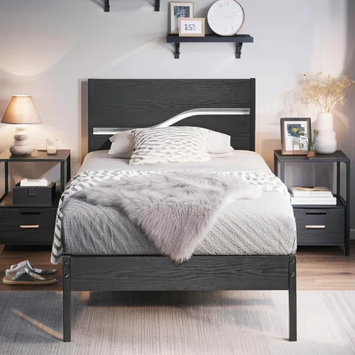 Miniatura 21 de VECELO Base de cama tamaño individual, plataforma de metal resistente con cabecera de madera, no necesita somier, color marrón antiguo