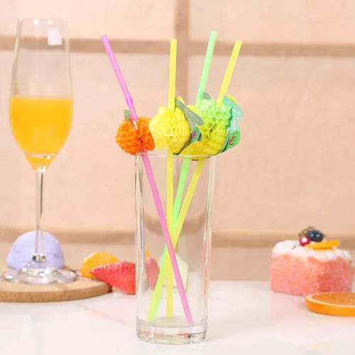 Miniatura 2 de Kichvoe Paquete de 60 pajitas de fiesta con temática hawaiana, agitadores de bebidas en forma de fruta para niños y niñas, pajitas de plástico