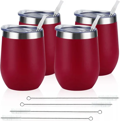 Miniatura 30 de Paquete de 12 vasos de vino de acero inoxidable, 12 onzas, doble pared, aislados al vacío, con tapas y pajitas, copas de vino sin tallo de acero Oro