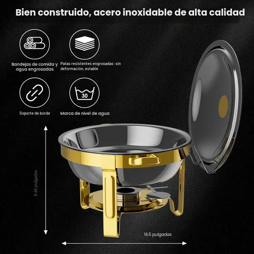 Miniatura 8 de Platos Calentadores Redondos para Buffet Paquete de 4, Chafers de 5QT y Calentadores de Buffet con 2 Guantes Resistentes al Calor, 4 Cucharas, 4