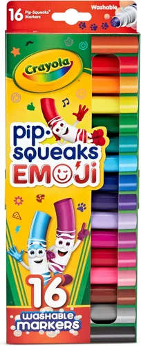 Crayola Emoji Pip Squeaks - Marcadores lavables (16 unidades), juego de mini marcadores estampadores para niños pequeños, suministros para colorear