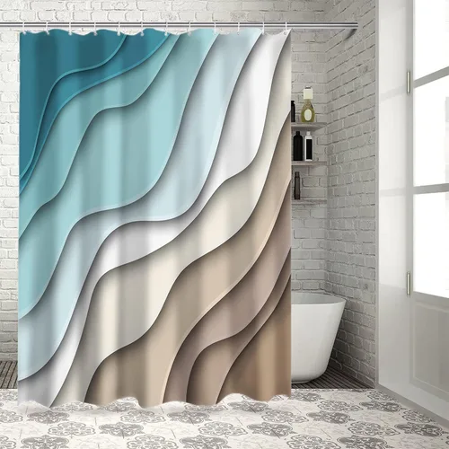 Miniatura 5 de BestLives Cortinas de ducha verde azulado azul moderno geométrico cortina de baño marrón abstracto ola océano impermeable tela de poliéster cortina