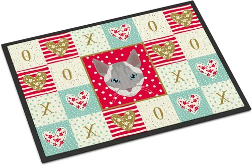 Caroline's Treasures CK5139MAT Ojos Azules Cat Love Felpudo de 18 x 27 pulgadas, tapete rojo para puerta delantera, para interiores y exteriores,