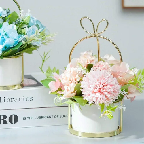 Miniatura 5 de KIRIFLY Flores artificiales falsas en jarrón, peonía sintética, hortensias de seda, centros de mesa para decoración de mesa de boda (rosa en dorado)