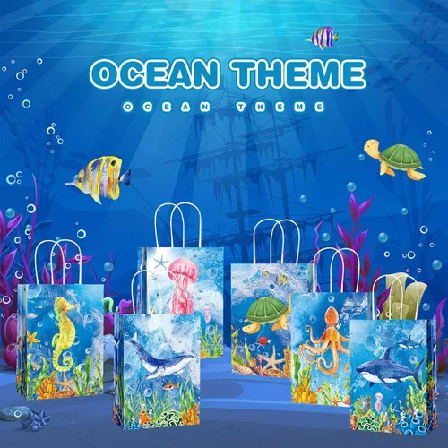 Miniatura 6 de Outus 24 bolsas de regalo para fiesta de animales marinos, temática oceánica, fiesta temática submarina, golosinas, bolsas con asa colorida
