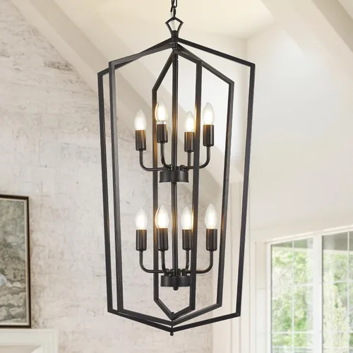 Miniatura 11 de WJShome 46 cm de diámetro Candelabro negro y dorado, lámpara de comedor estilo granja de 4 luces, lámparas modernas de vestíbulo, lámpara colgante