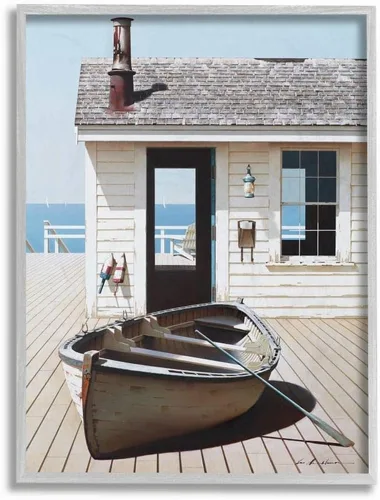 Miniatura 8 de Stupell Industries Barco en el paseo marítimo Tranquil Coastal Boathouse Pintura diseñada por Zhen-Huan Lu Art, 10 x 15 pulgadas, placa de pared