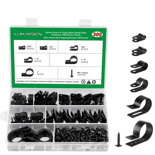 Clips de cable para organizador de cables, 6 tamaños, 300 piezas, nailon tipo R, 3/16 pulgadas, 1/4 pulgadas, 3/8 pulgadas, 1/2 pulgadas, 3/4