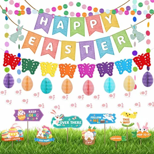 AhfuLife Juego de decoraciones de Pascua, pancarta de papel de conejo de Pascua, pistas de búsqueda de huevos de Pascua con palos y patas de conejo,