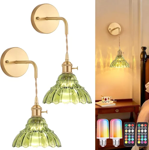 Miniatura 35 de Shenmoyl Aplique de Pared Vintage con Pantalla de Cristal con Patrón de Lirio de los Valles Verde, Cadena Ajustable, Luz de Pared Montada Retro