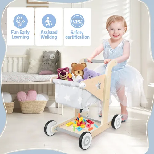 Miniatura 3 de Asweets Andador de Bebé de Madera 2 en 1 para Empujar y Jalar Cochecito de Muñecas, Carrito de Compras Andador de Aprendizaje para Niños y Niñas