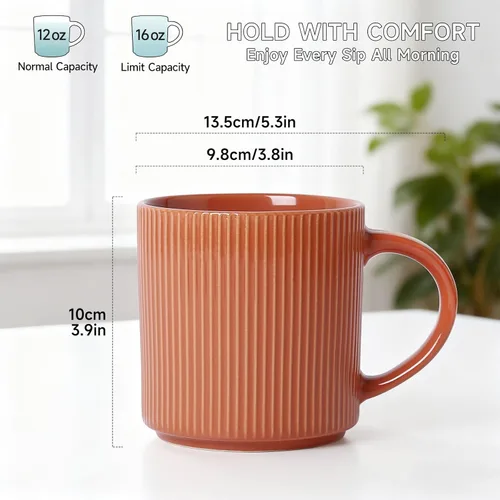 Miniatura 2 de MONITO Juego de 4 tazas de café de 16 onzas, tazas de café rústicas de cerámica con asa grande, tazas de café de gres vintage a rayas para leche