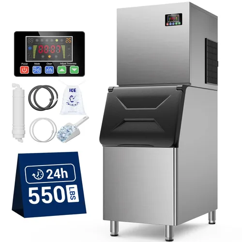 Máquina de hielo comercial de 550 libras/24 horas, 132 cubitos de hielo listos en 5-15 minutos con contenedor de almacenamiento de 400 libras,