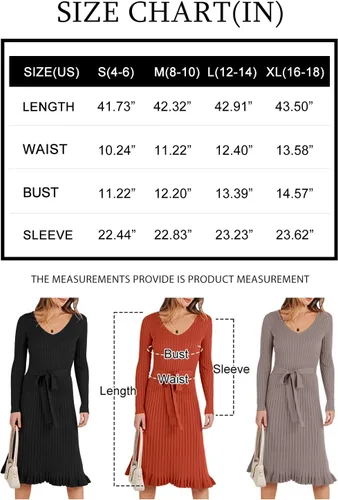 Miniatura 6 de ANRABESS Vestido tipo suéter de manga larga con cuello en V para mujer, plisado, ajustado, acanalado, de punto, con cinturón