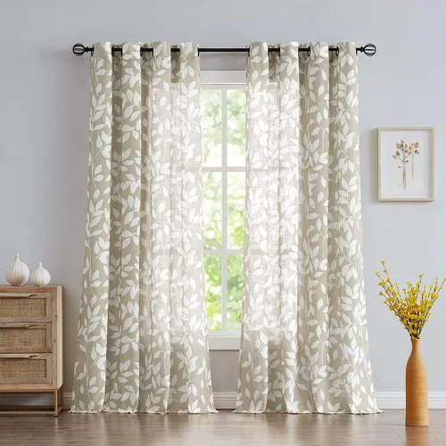 Miniatura 39 de Treatmentex Cortinas blancas y grises para dormitorio de 84 pulgadas de largo, cortinas semitransparentes con estampado de hojas para ventanas