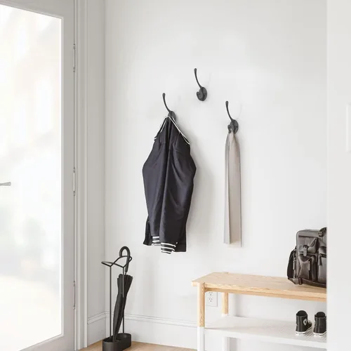 Miniatura 7 de Ganchos de pared de metal resistentes para abrigos, paquete de 10 ganchos negros montados en la pared con 20 tornillos, ganchos dobles para abrigo