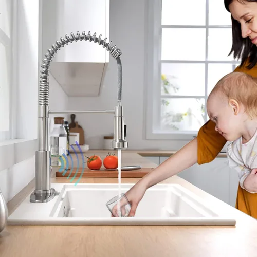 Miniatura 7 de Grifo de cocina sin contacto con rociador extraíble, luz LED, grifo de fregadero de cocina de una sola manija, sensor de movimiento, manos libres, A